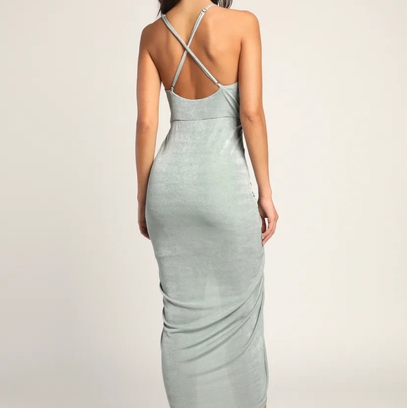 Lulu's Dreamy Date Sage Blue Surplice Midi Dress - Picture 3 of 12